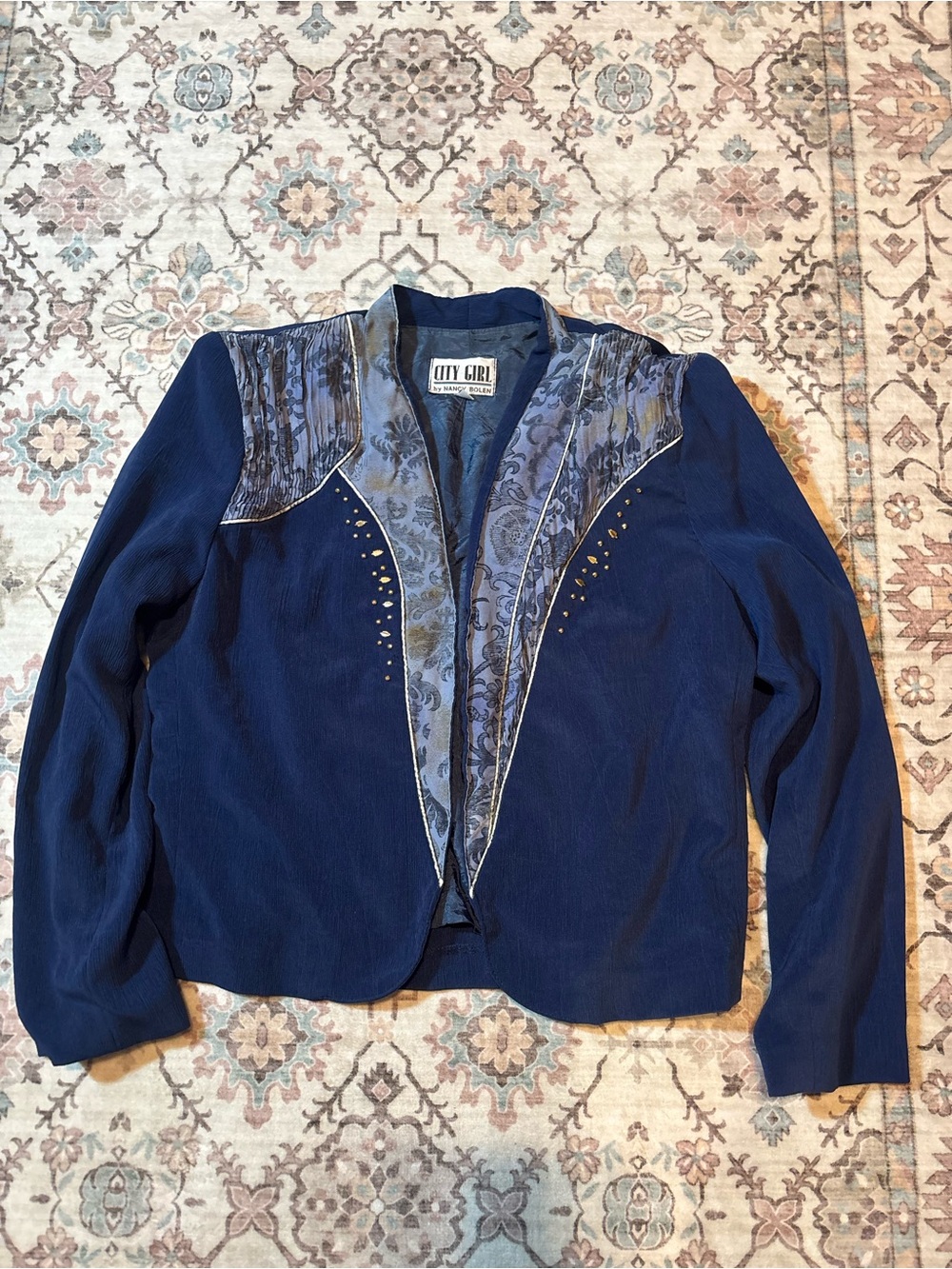 Vintage City Girl Navy Blazer with Decorative Trim
